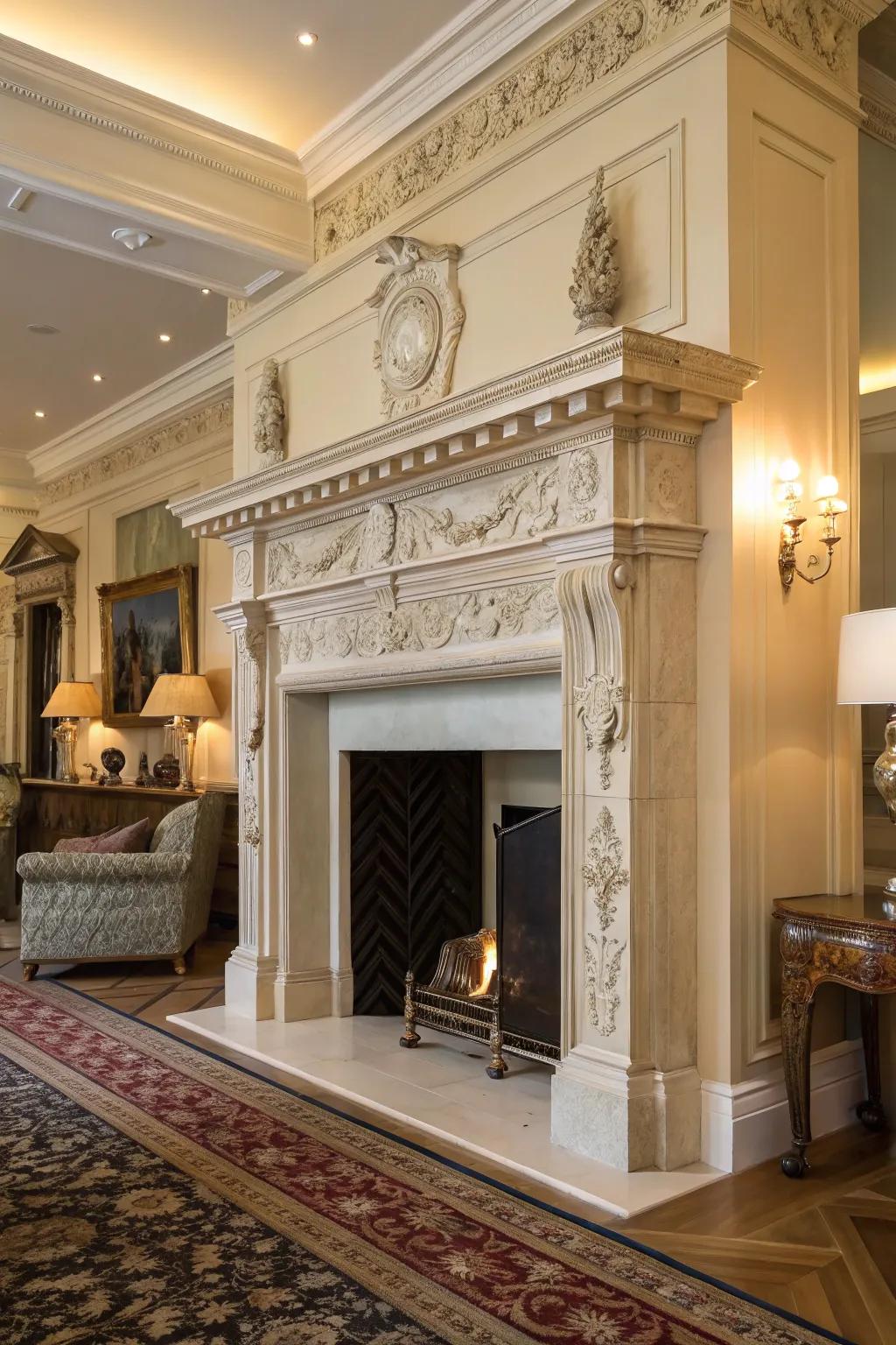 An impressive Royal Era mantelpiece within a sophisticated environment.