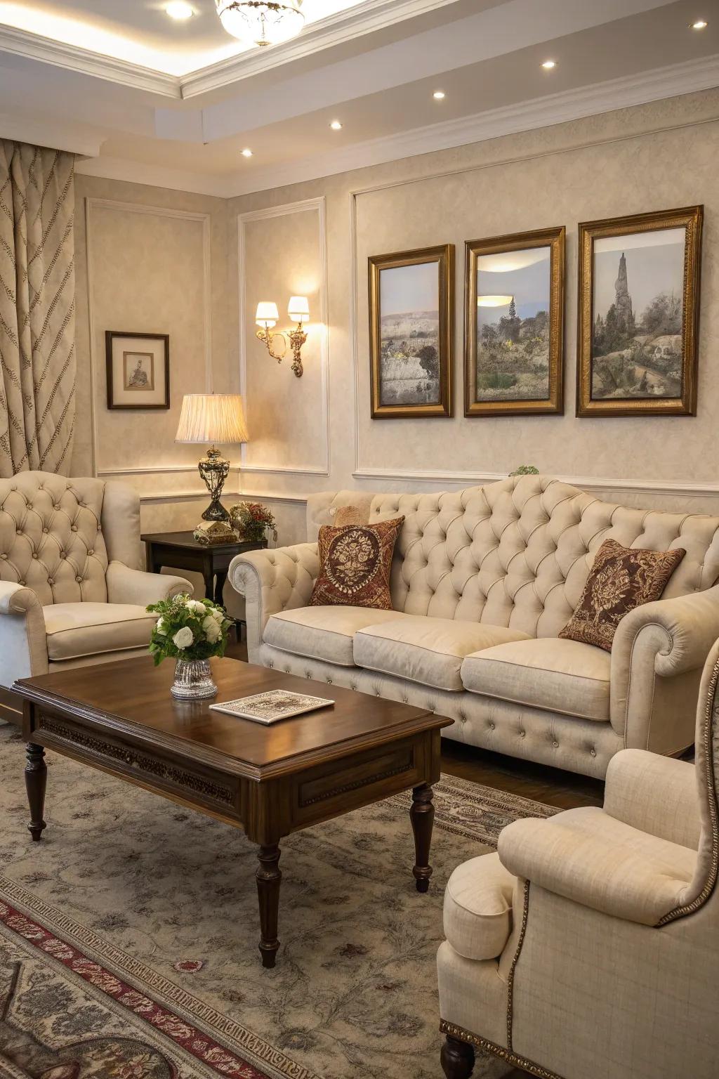 Classic furnishing designs heighten the sophistication of a traditional family room.