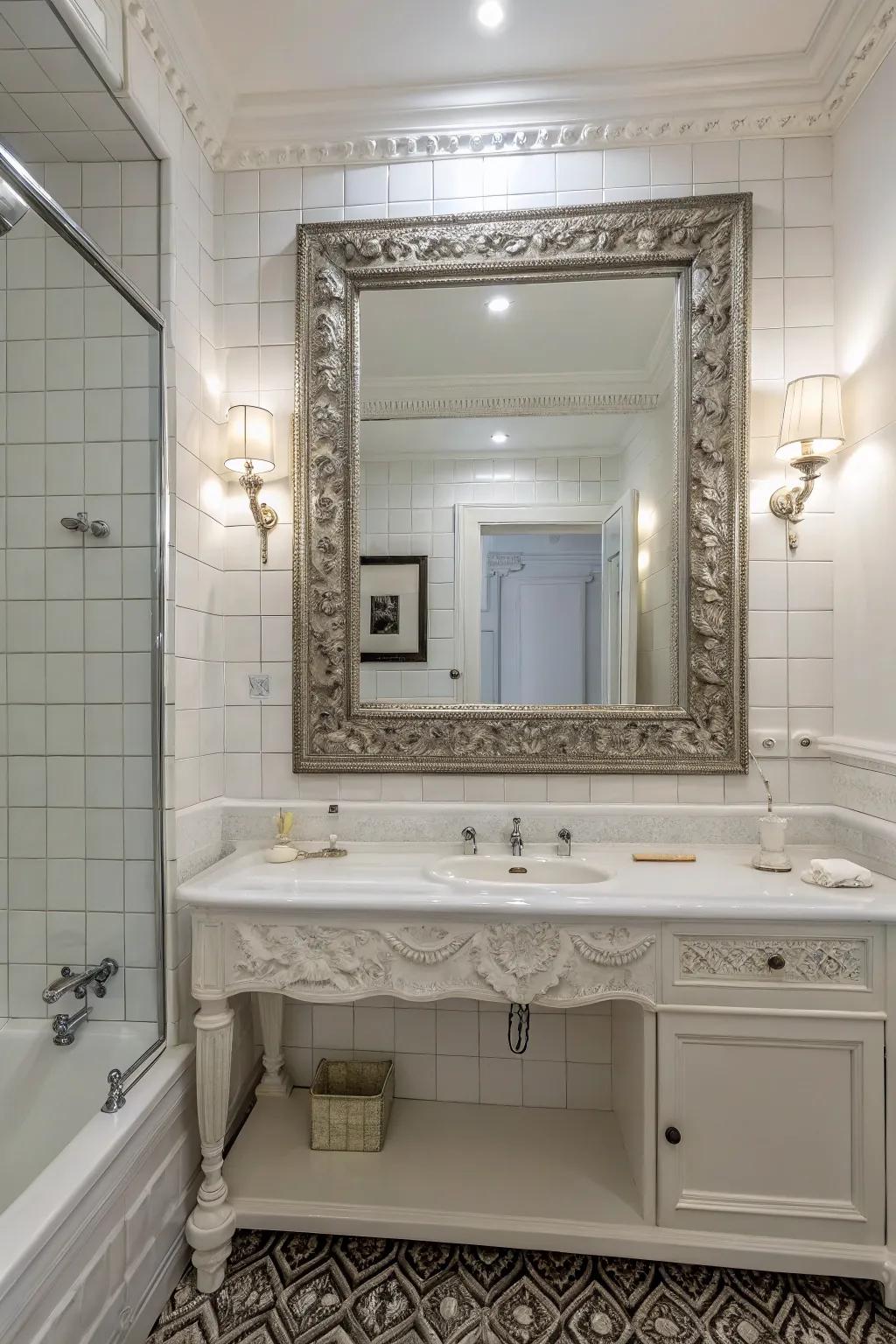 A classic white bathroom showcasing a sizable, elaborately framed mirror that enriches elegance and depth.
