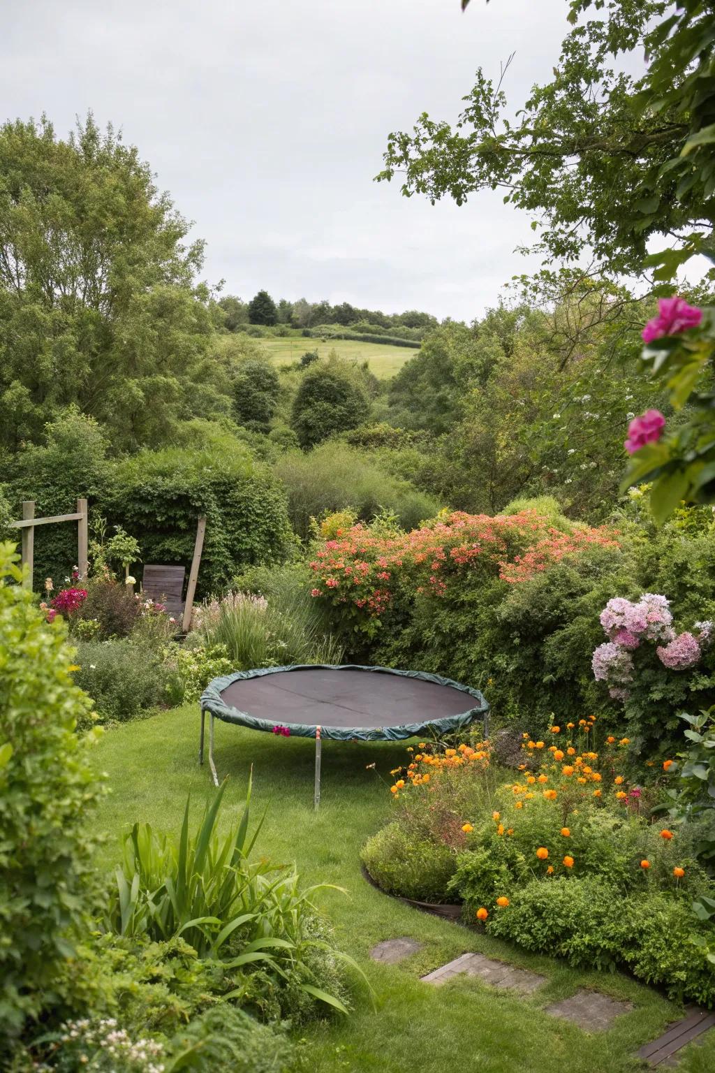 A bounce platform nestled in a lush garden retreat, adorned with vibrant greenery.
