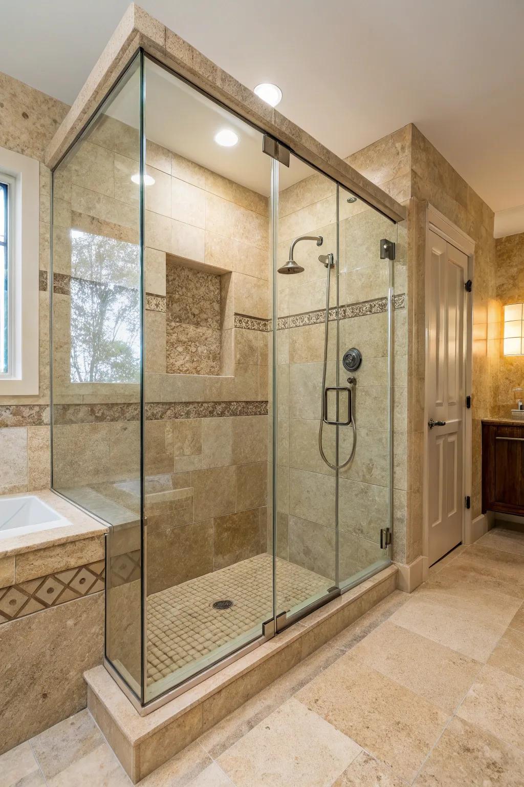 A spa-inspired open shower adorned with travertine walls and framed by a crystal-clear glass partition.