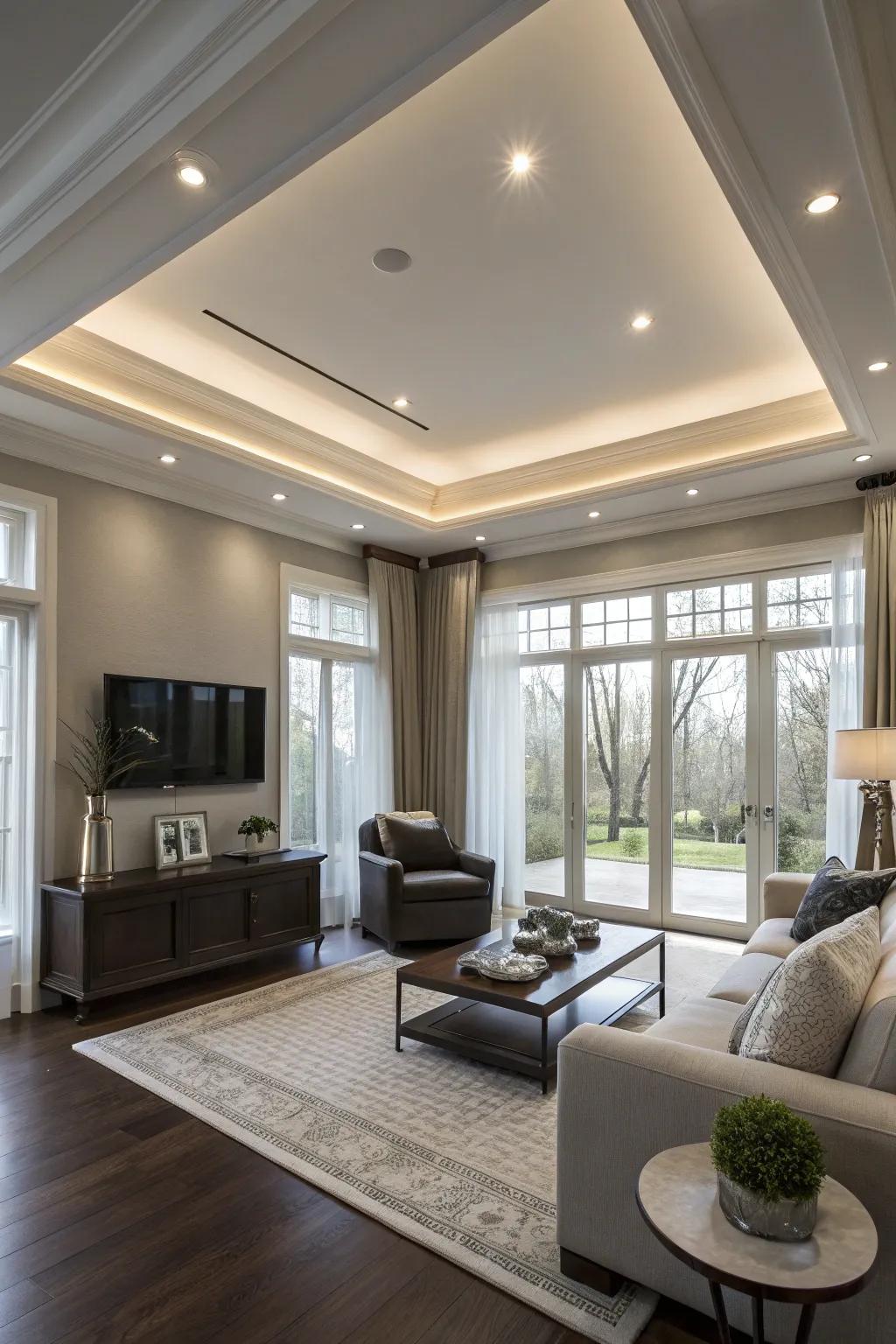 A contemporary living room featuring understated recessed lighting.