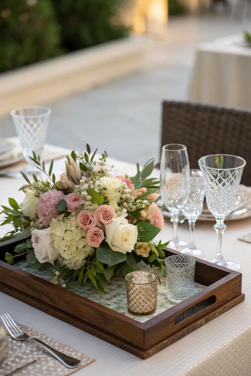 A sophisticated dining setting highlighted by a stylish tray arrangement.