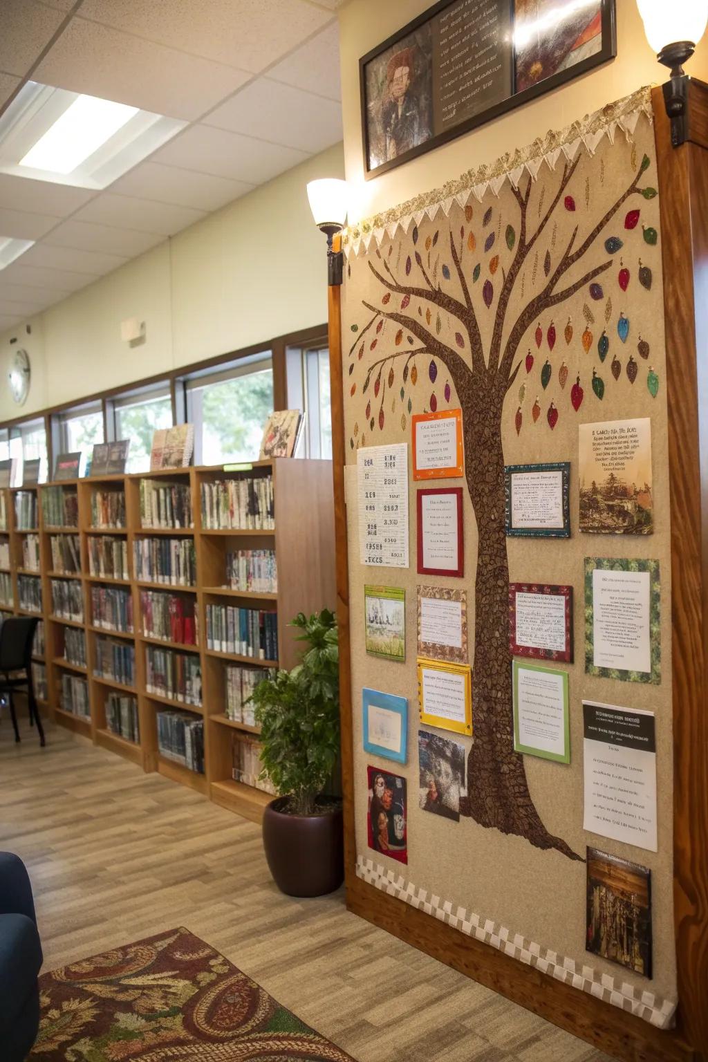 A tree bulletin board that integrates educational elements, such as books and quotations.