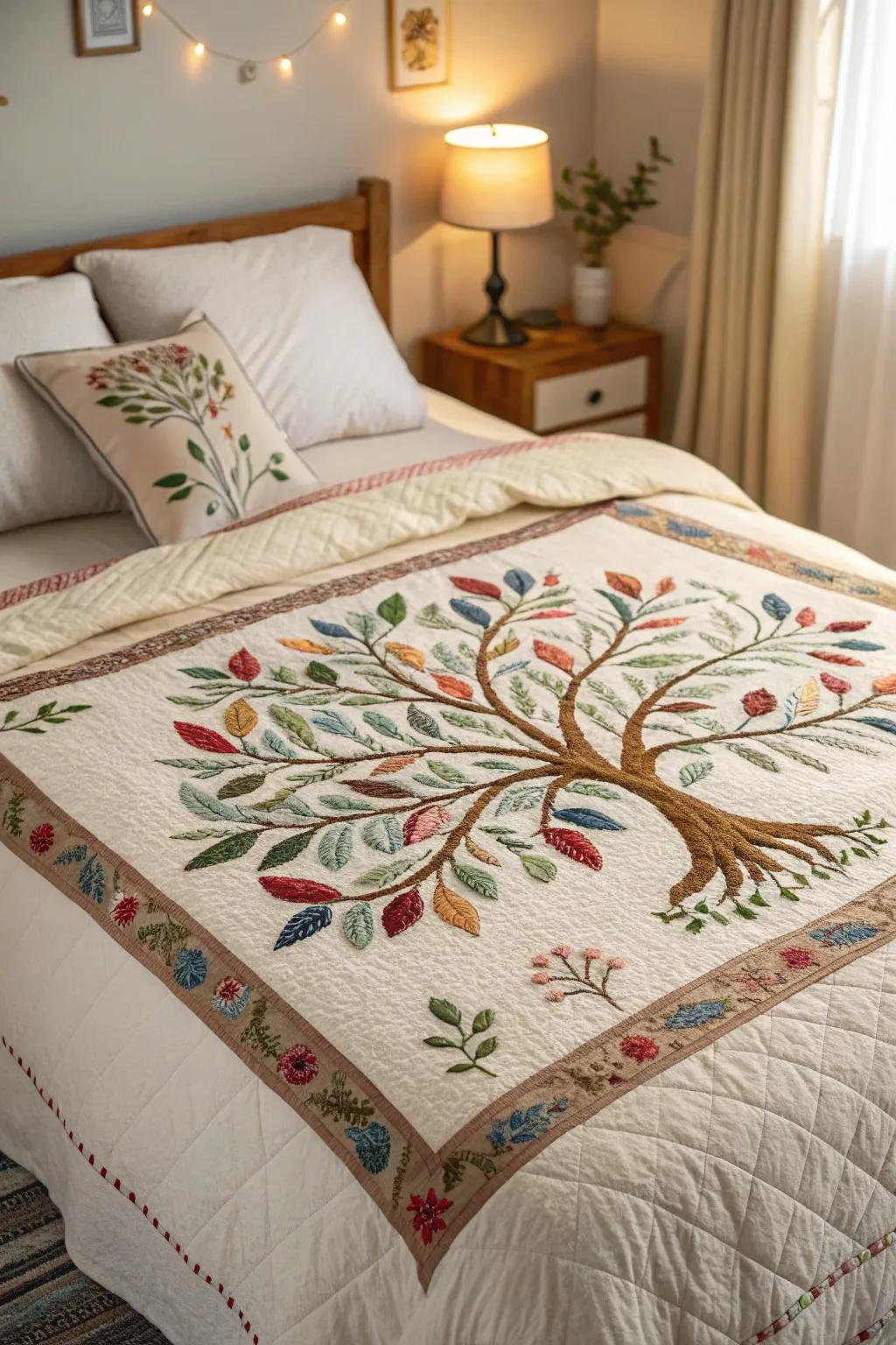 A stitched Eternal Tree quilt infuses warmth into a cozy bed.