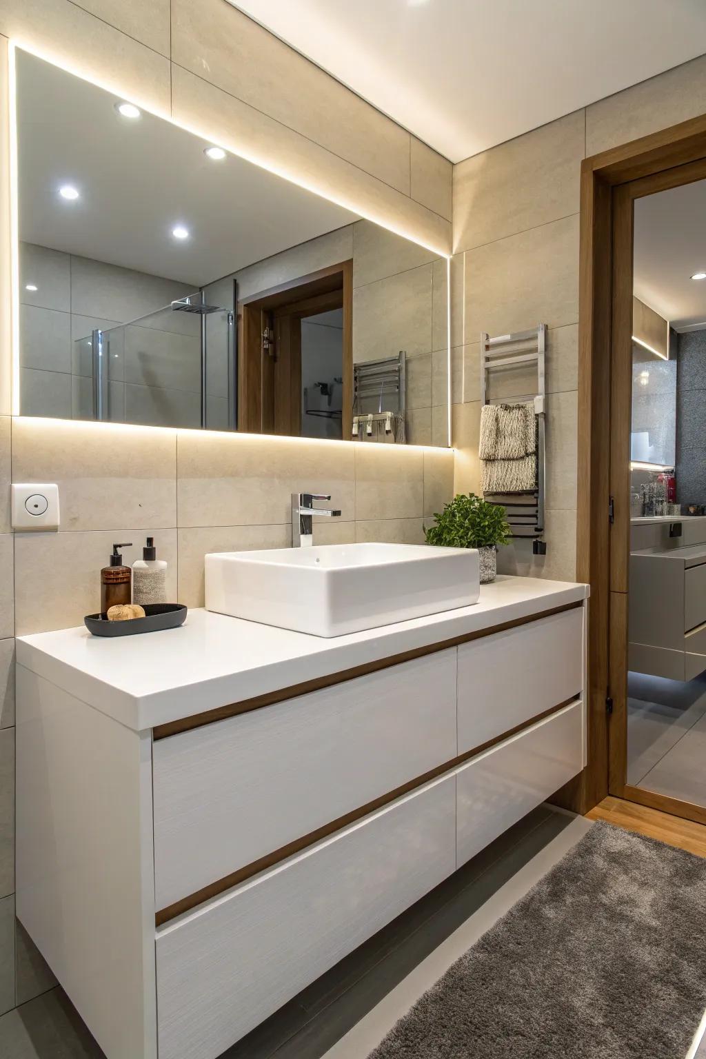 A modern bathroom incorporates an integrated sink and vanity, resulting in a polished, seamless aesthetic.
