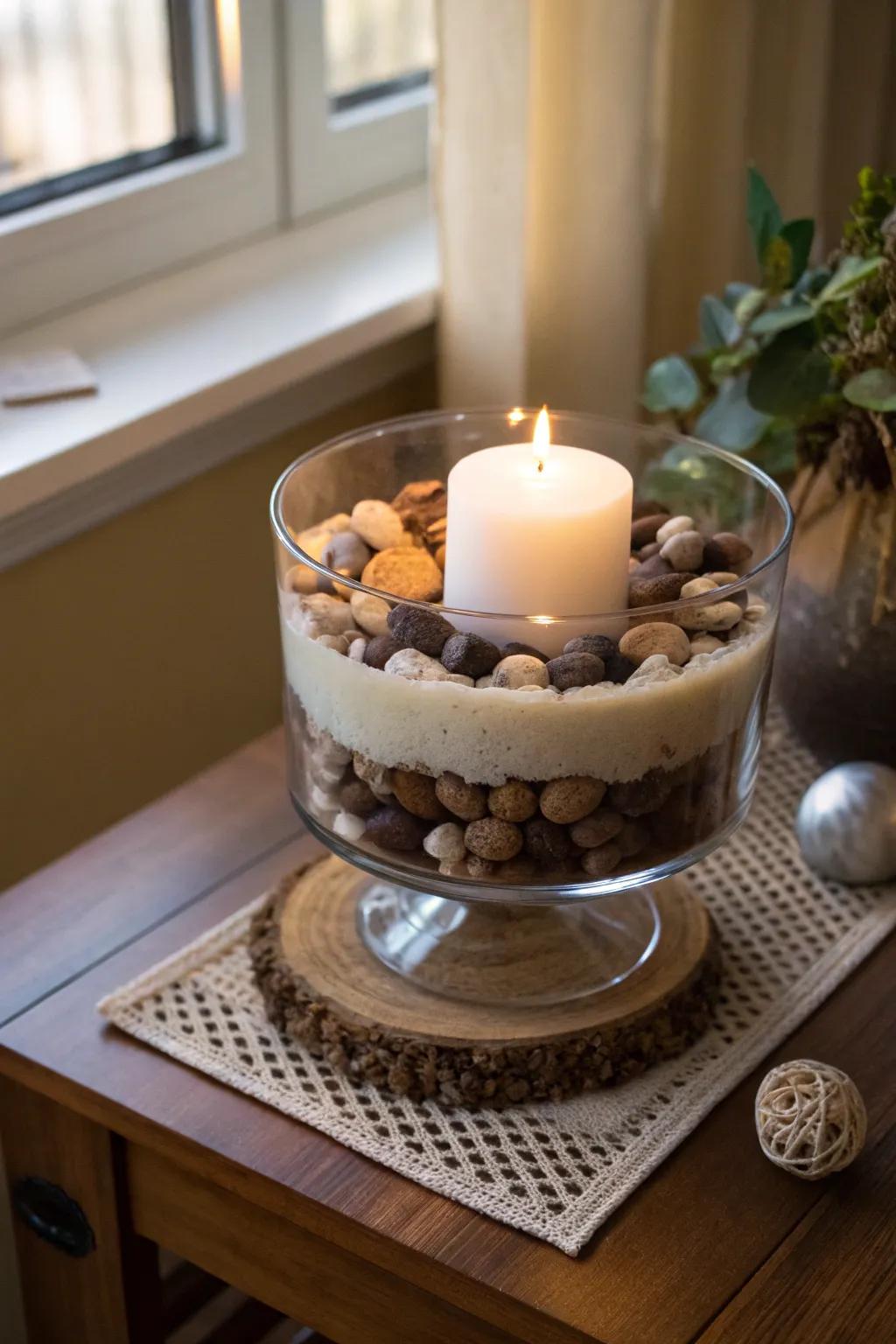 Build a snug atmosphere with a candlelit dessert bowl.