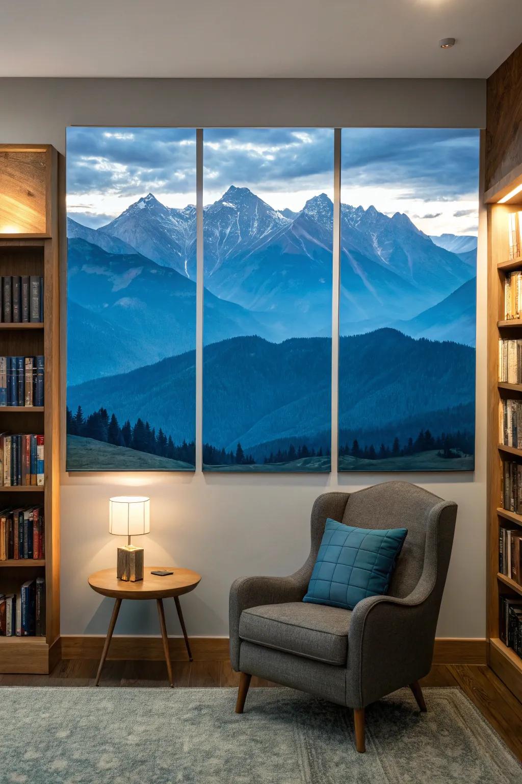 Majestic mountains depicted in a calming triptych art piece.