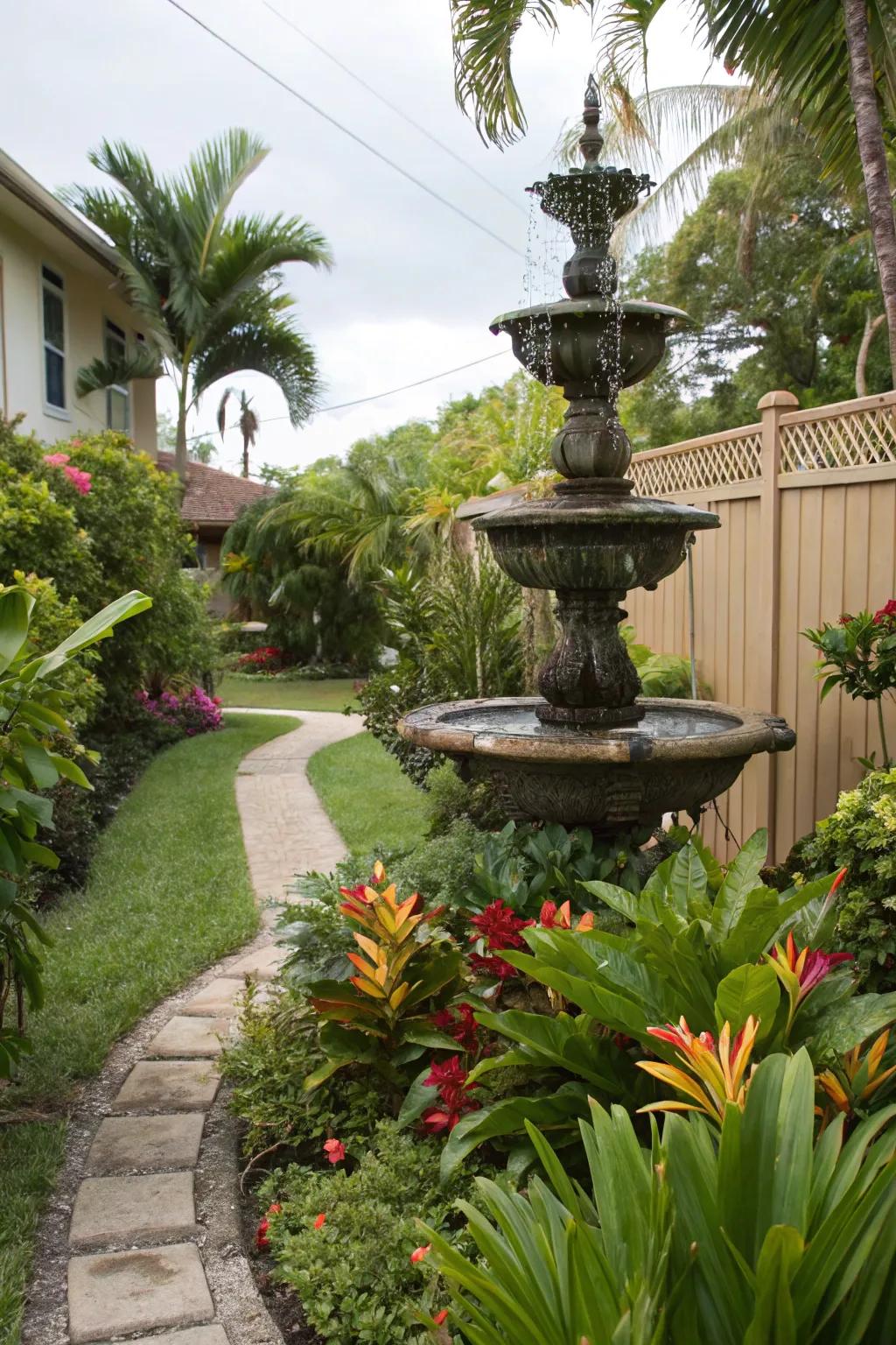 A subtle fountain appends tranquility and charisma to a tropical garden.