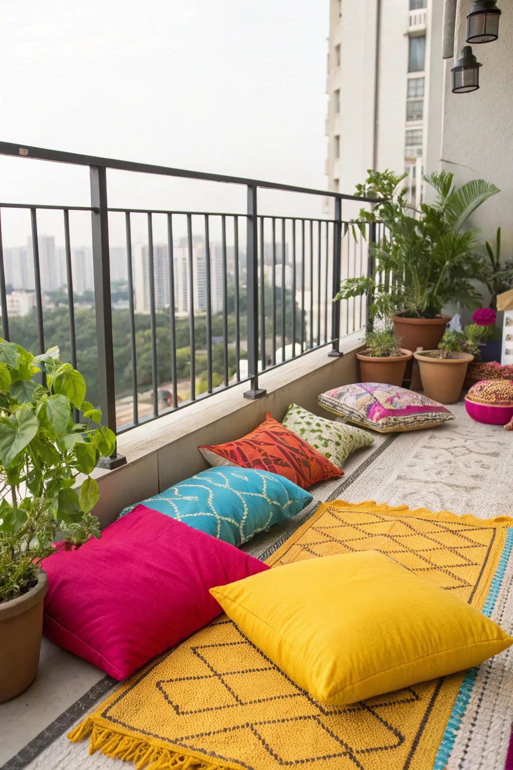 Invigorate your balcony with vibrant fabrics, promoting a joyful environment.