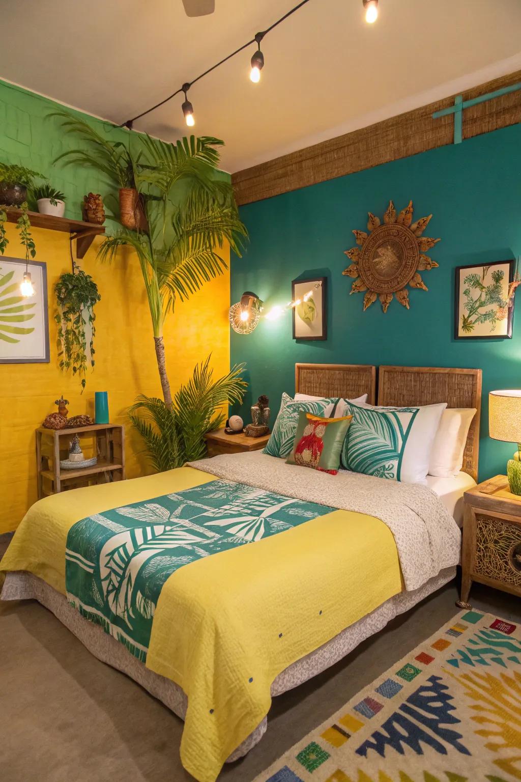 A vibrant color palette brings the essence of the tropics into your bedroom.