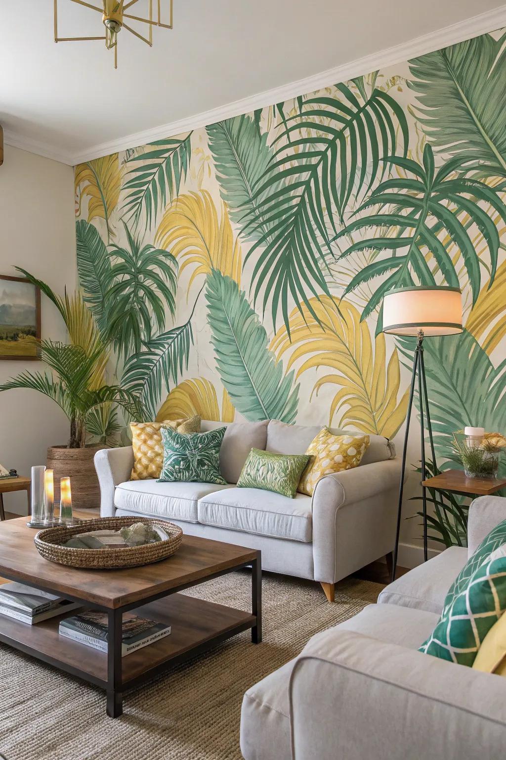 Tropical prints transform the space with an exotic flair.
