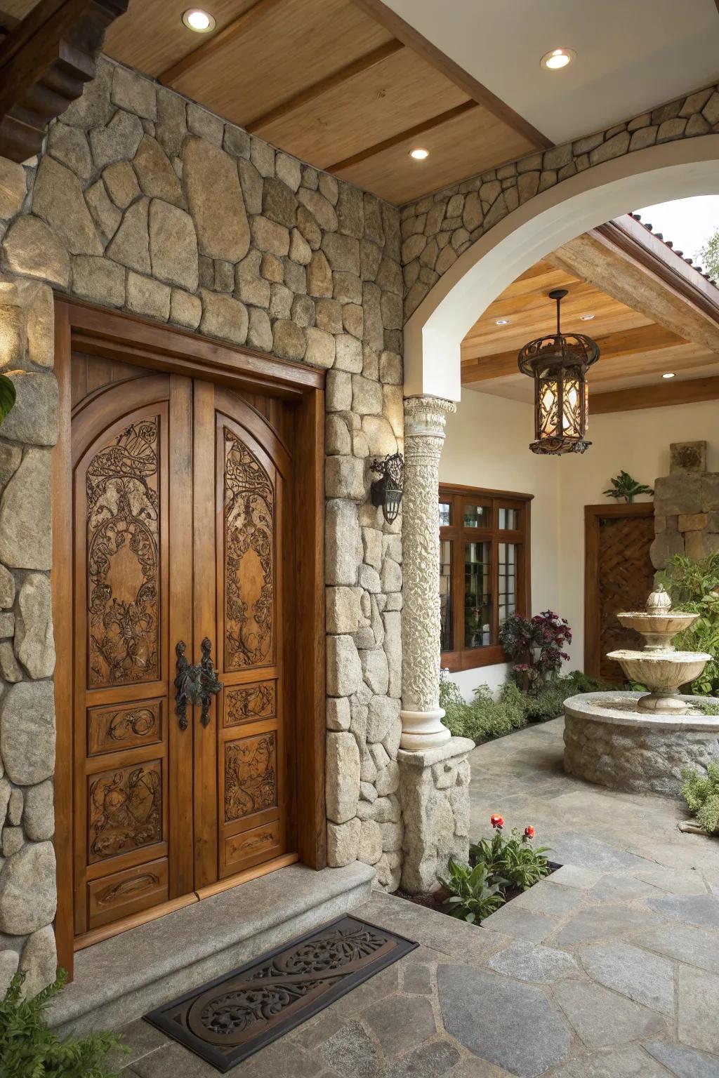 Organic components like timber and lithic elements infuse warmth into the entryway.