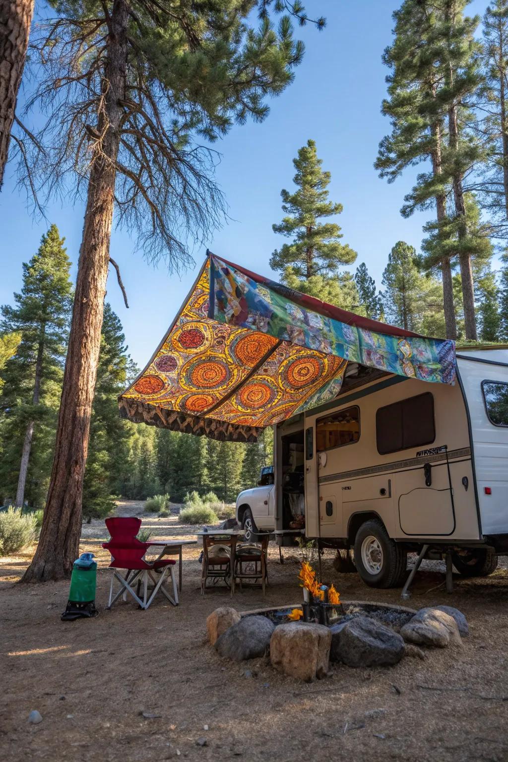 An enchanting DIY awning adding a personal touch to a truck camper.