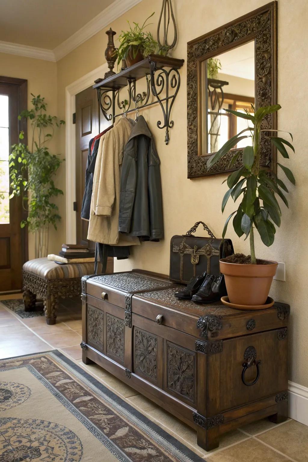 This trunk doubles as a storage bench, perfect for keeping the entryway tidy.