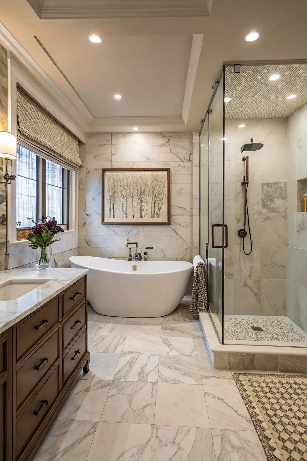 An elegantly placed freestanding tub inside the shower space, delivering a tranquil, spa-inspired sensation.