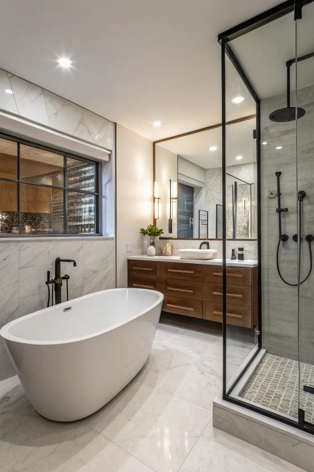 Individual tubs present a posh look adjacent to modern showers.
