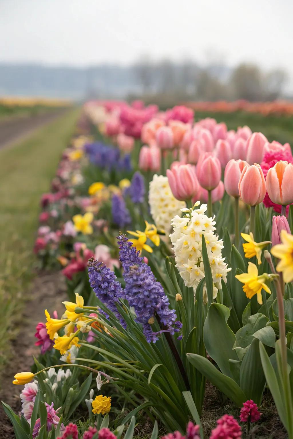 A lovely mixed border featuring tulips, aromatic spires, and sunny stars, presenting a symphony of hues and textures.