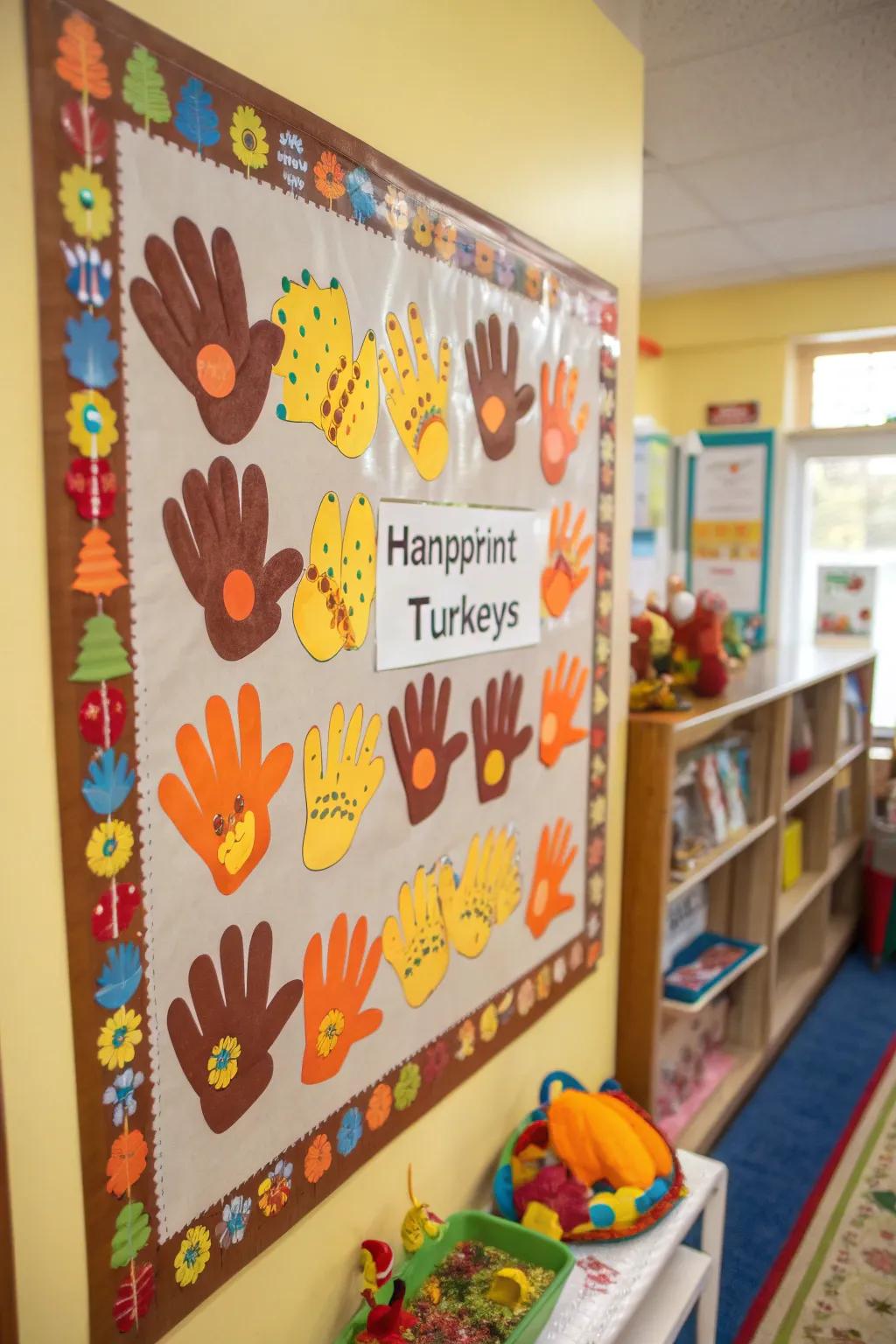 Charming handprint turkeys add a personal touch to the Thanksgiving board.