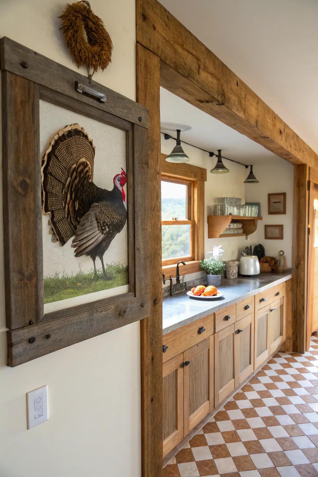 A turkey fan within a country barnwood mount, ideal for a farmhouse-inspired appearance.