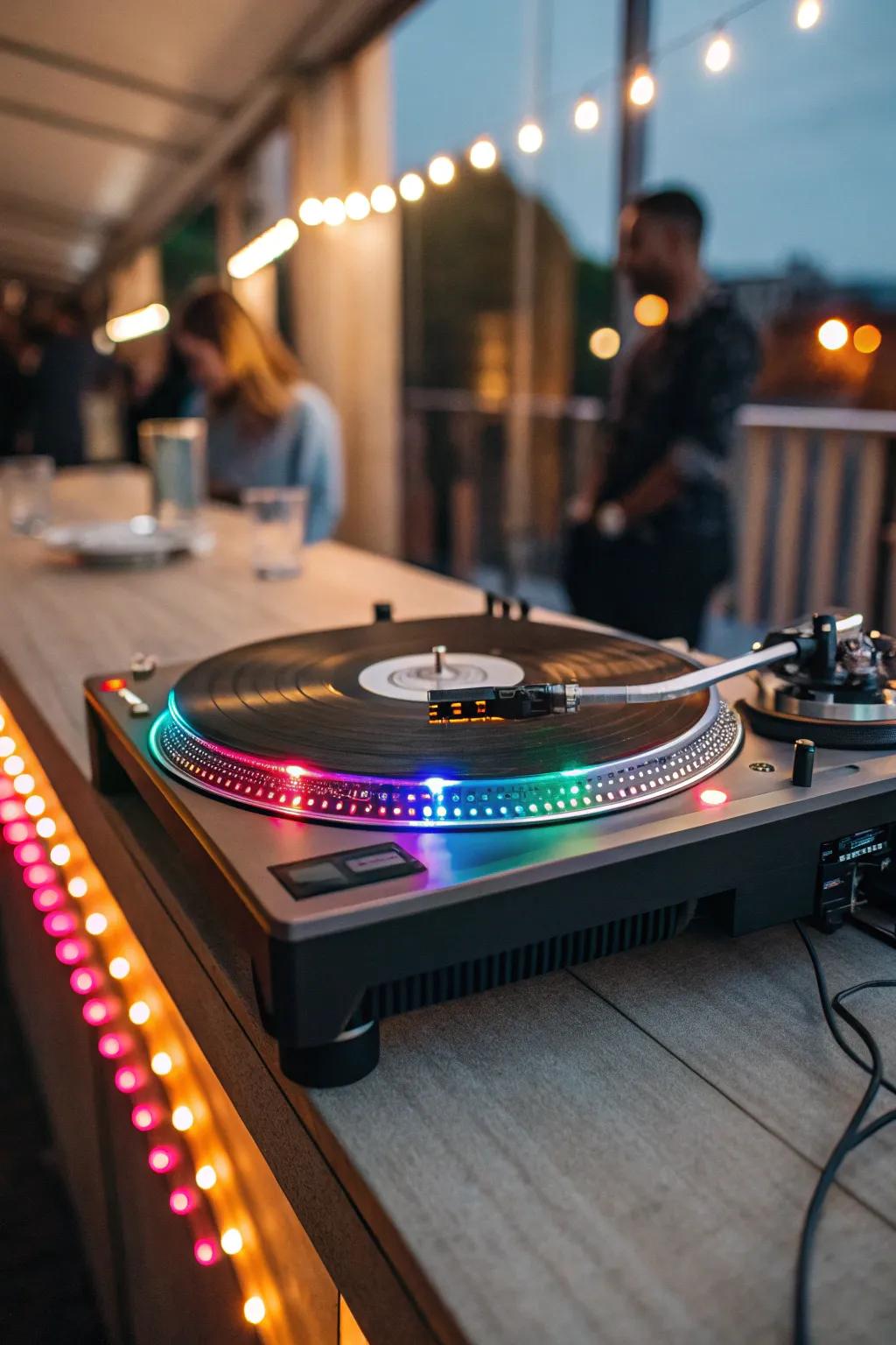 Vivid light strips enhancing a record player arrangement.