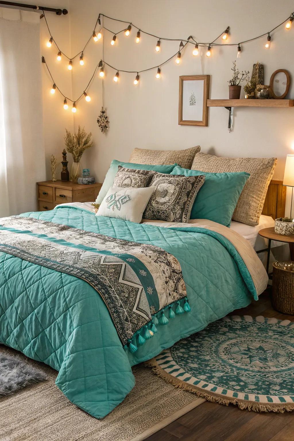 Elegant aquamarine linens add a touch of class.