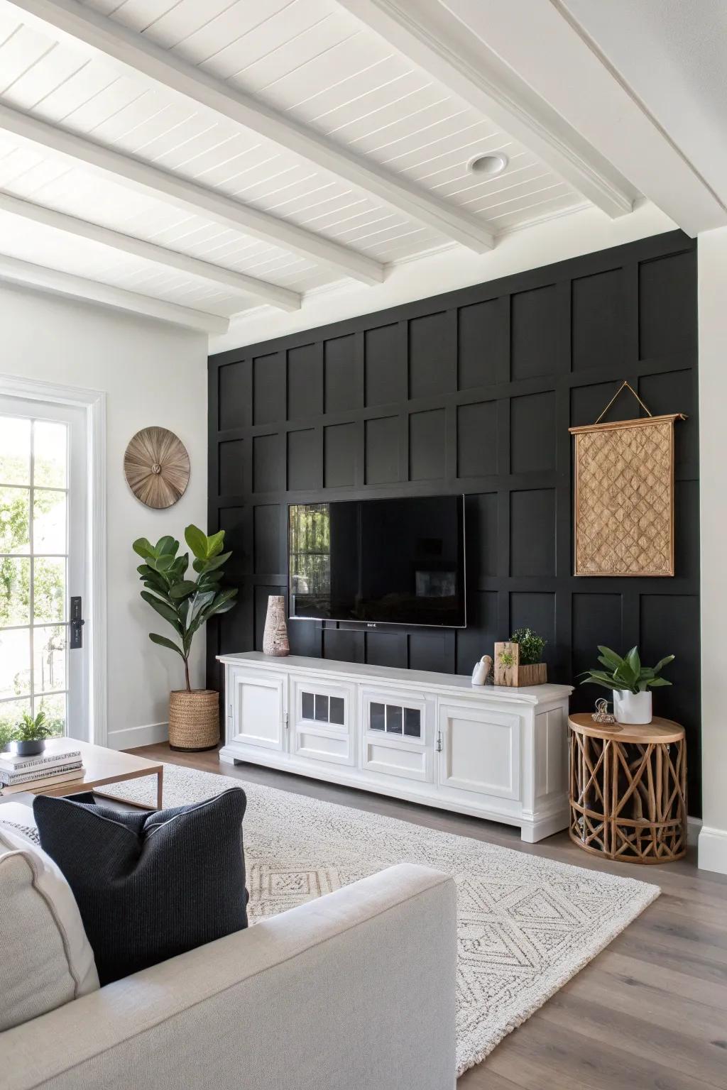 A dramatic black feature wall that easily blends with the TV in a modern living room.