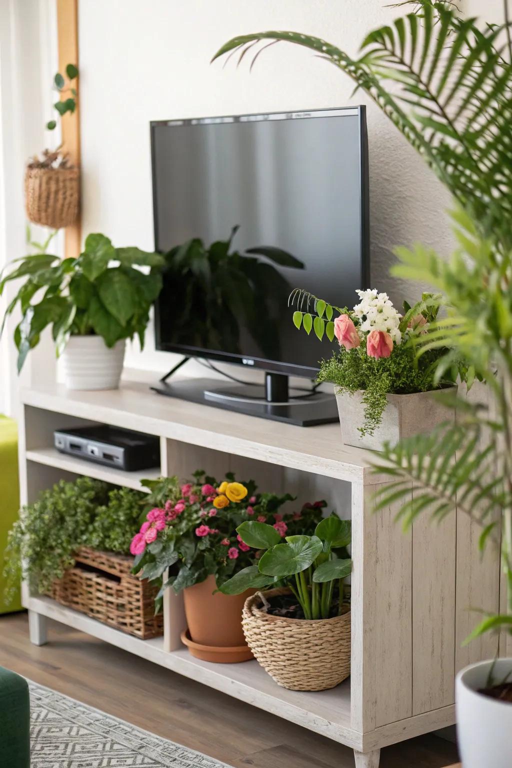 TV stand decor highlighting the refreshing presence of greenery.