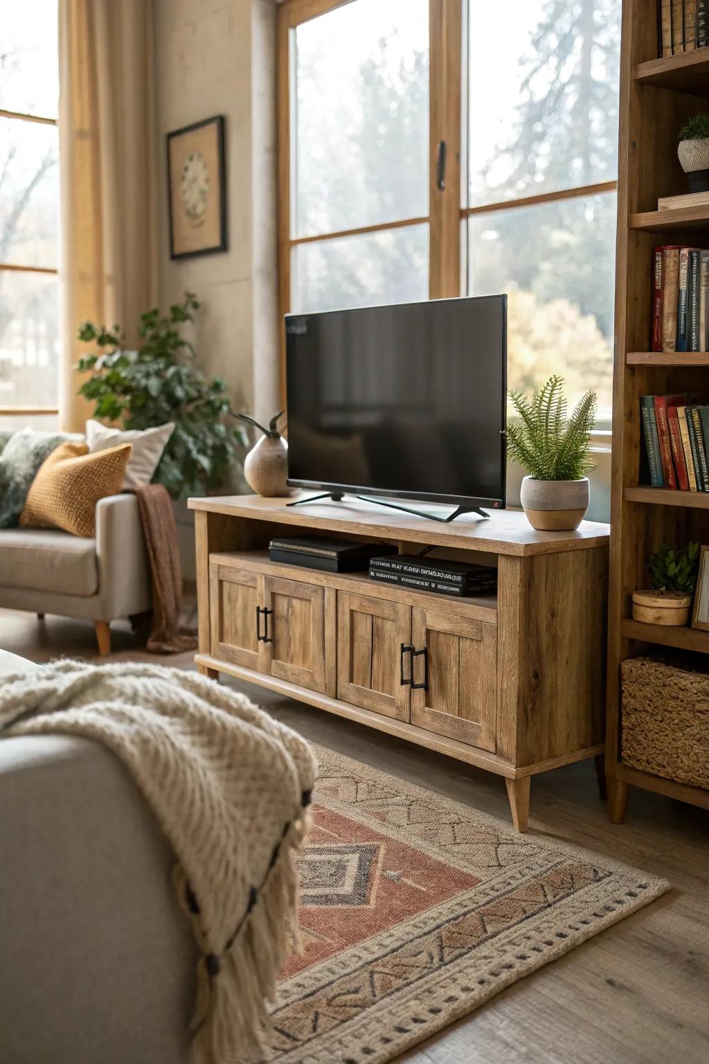 Natural wood tones enhance the cozy feel of the living space.