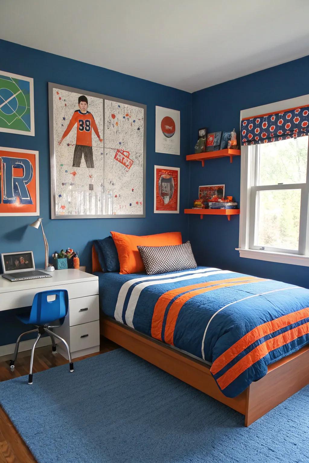 A lively bedroom featuring a bold blue and orange color scheme.
