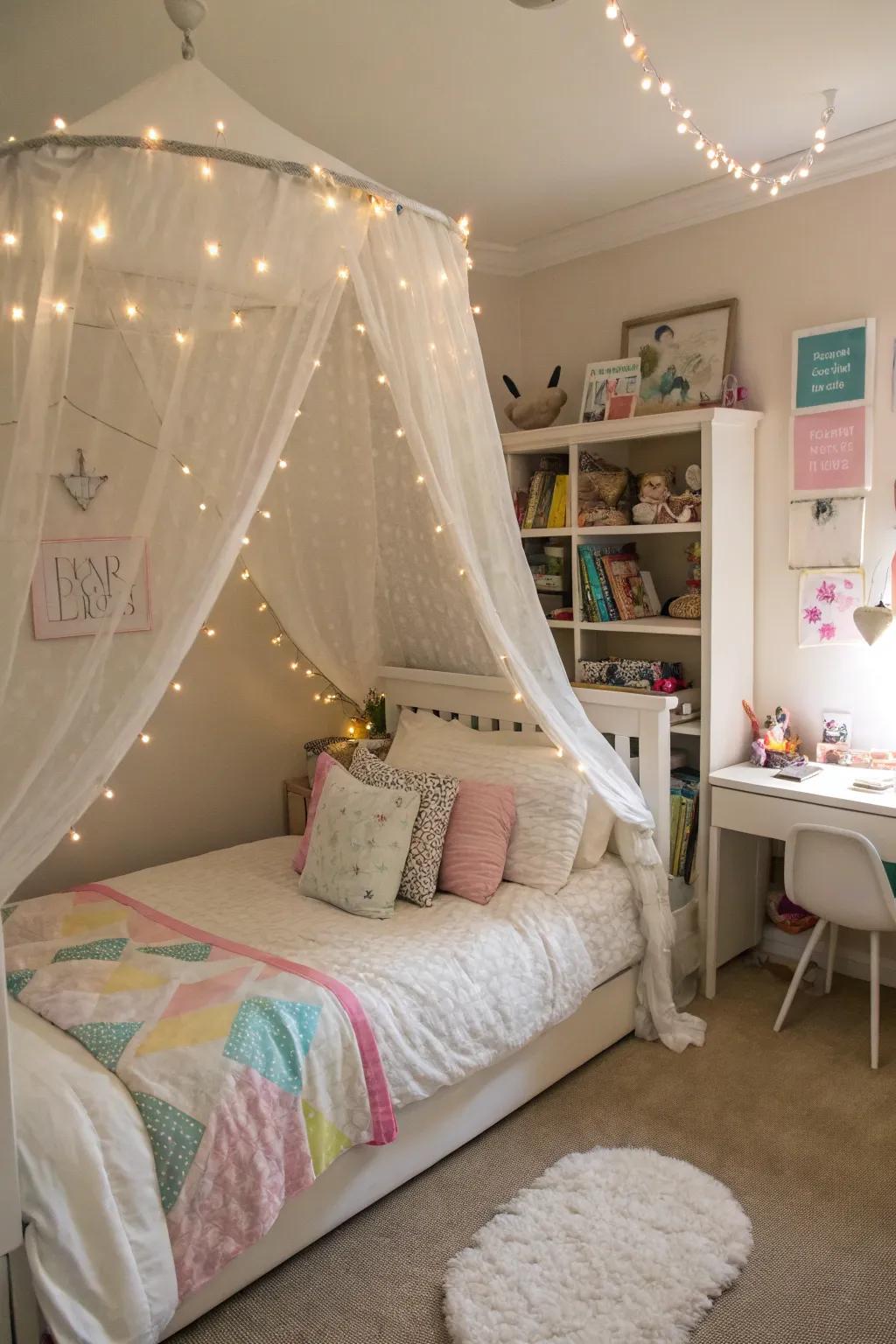 A welcoming bed featuring a dreamy canopy and glowing lights.