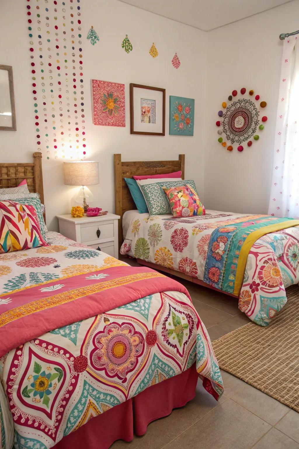 Striking and colorful bedding adds personality to the twin room.