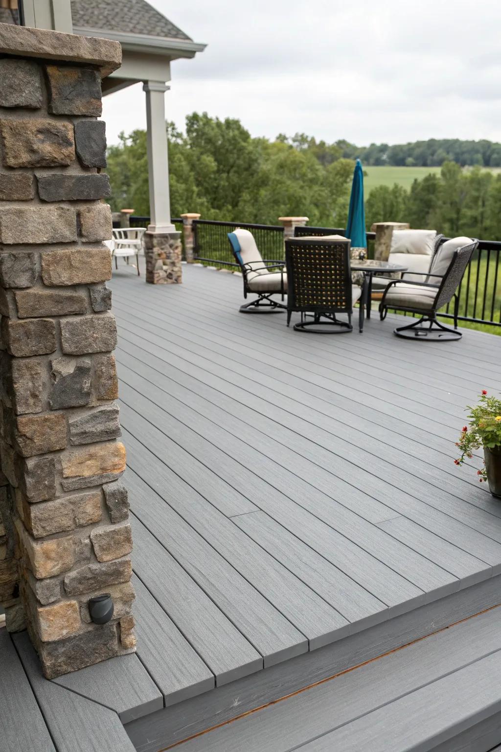 Chic gray and stone create a polished and stylish outdoor getaway.