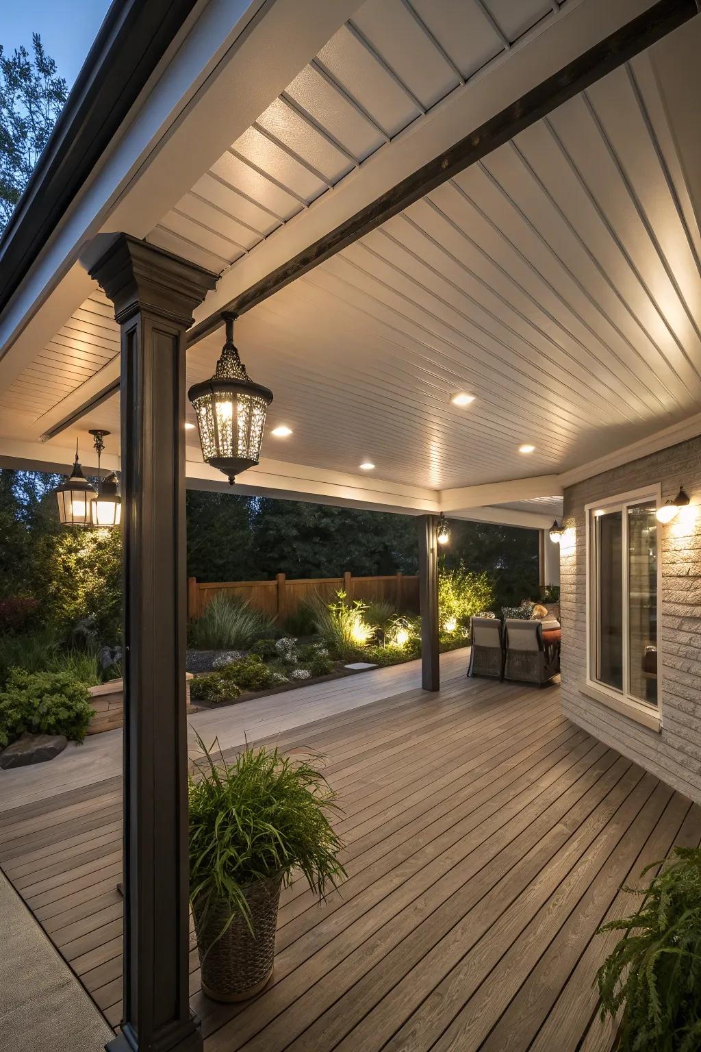An under-deck area showcasing a fashionable weatherproof overhead and sophisticated lighting.