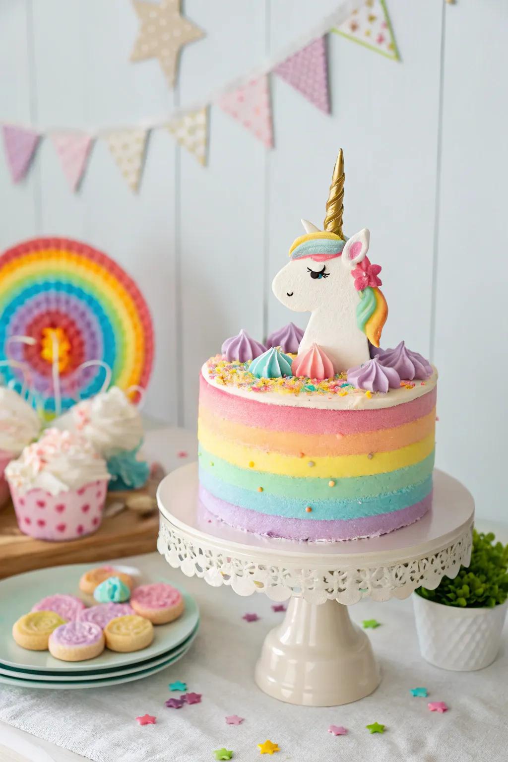 An incredible homemade unicorn cake shimmers with iridescent frosting.