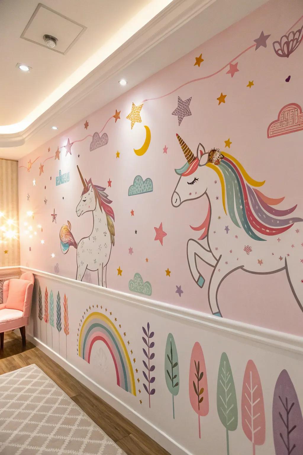 Magical creature wall stickers bringing life to a room painted in pastel colors.