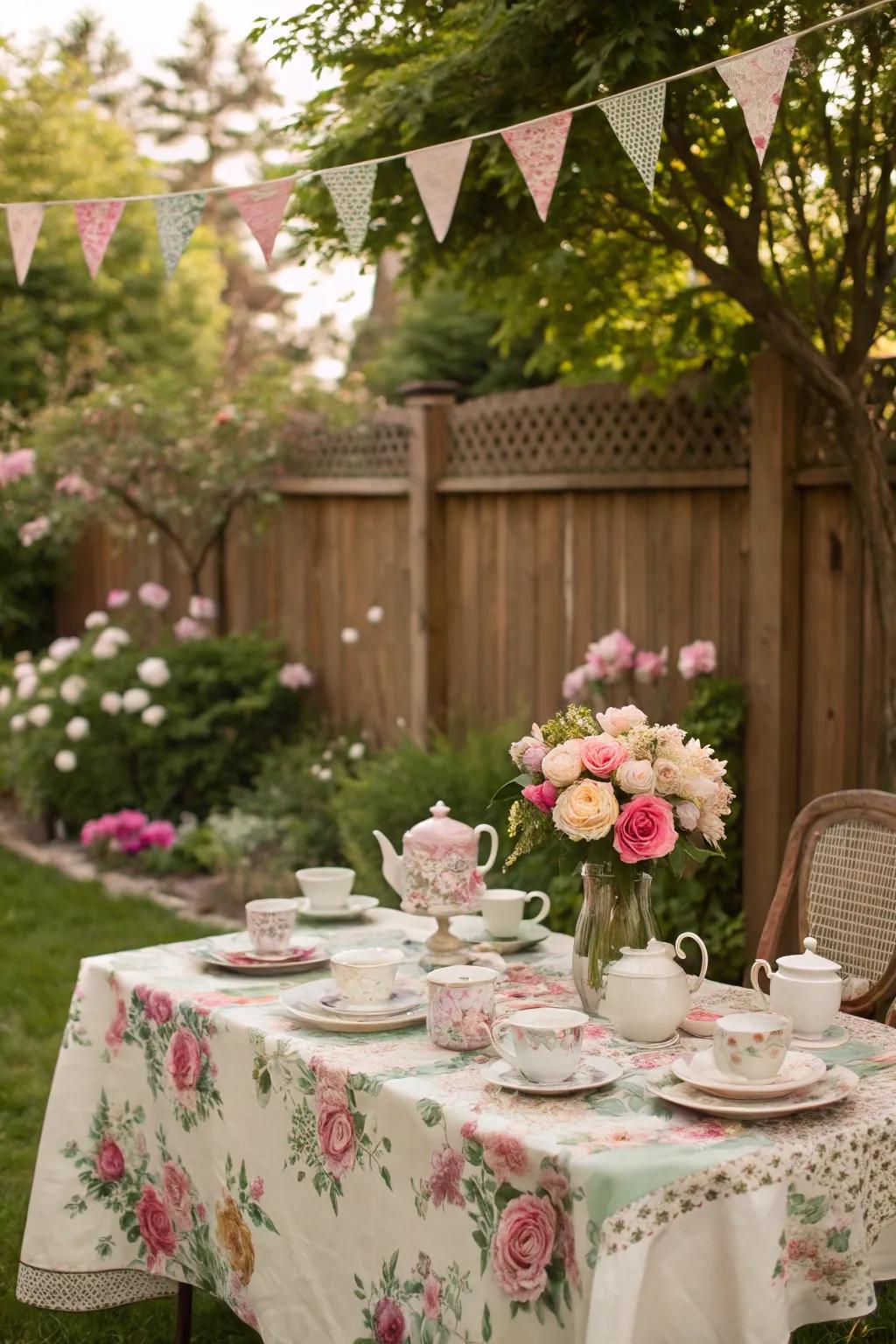 Enjoy a sophisticated garden tea party with beautiful floral arrangements.