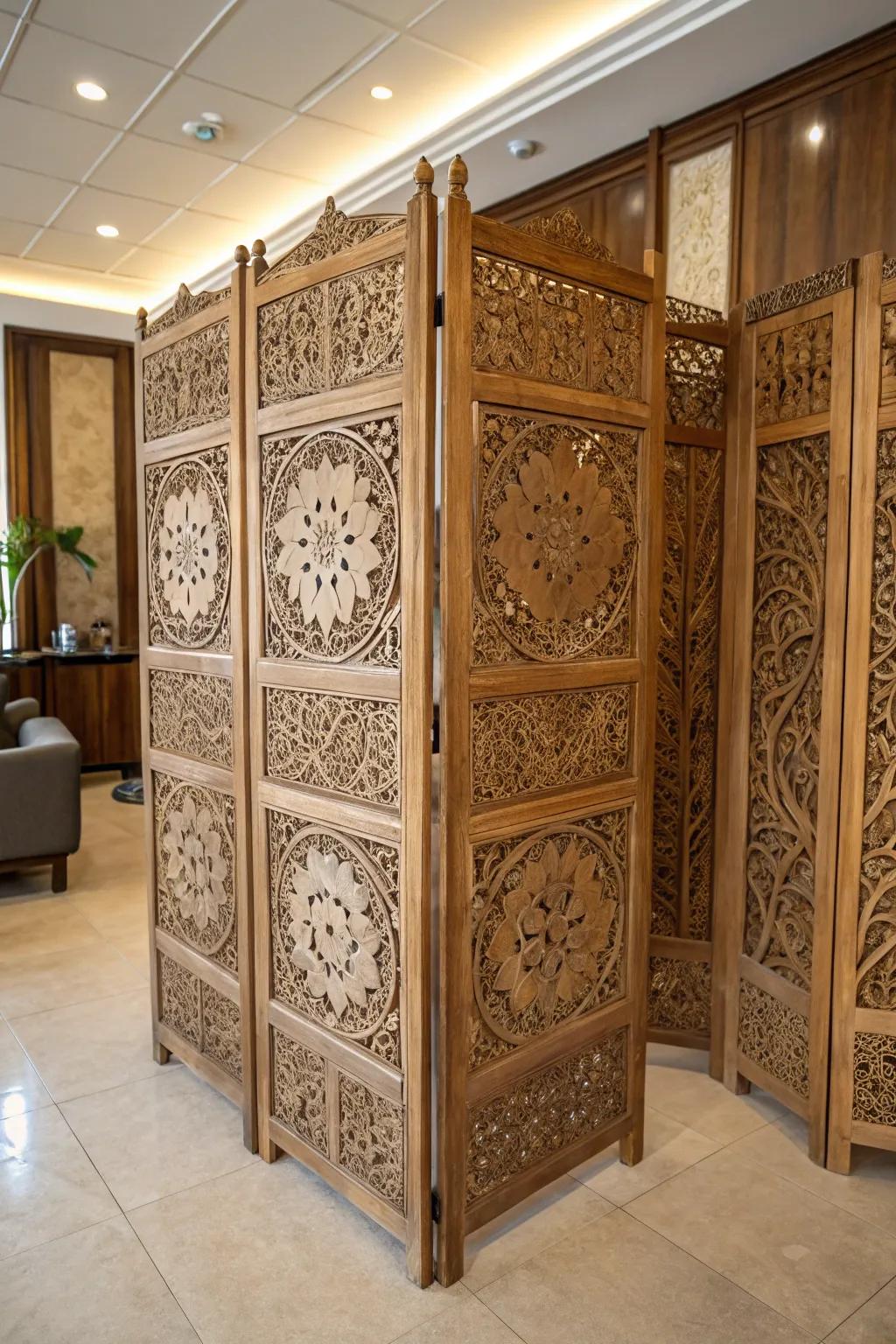 A striking carved screen serves as a work of art and a room divider.