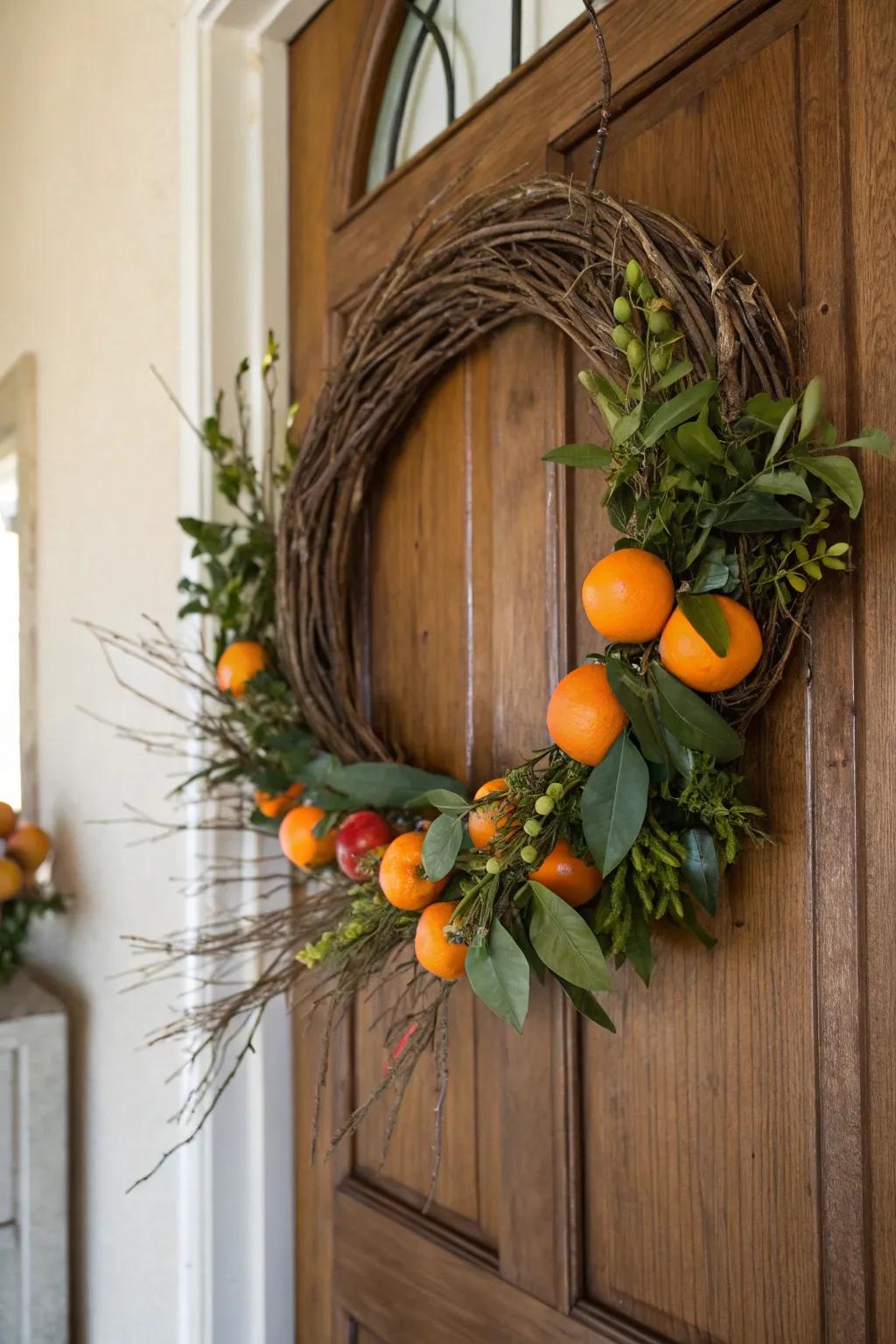 Country-style branches encounter citrus in an extraordinary entryway display.