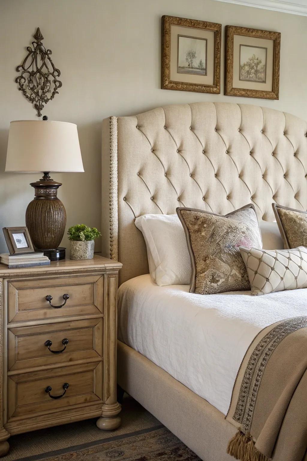Button-tufting contributes everlasting appeal to this graceful sleeping quarter.