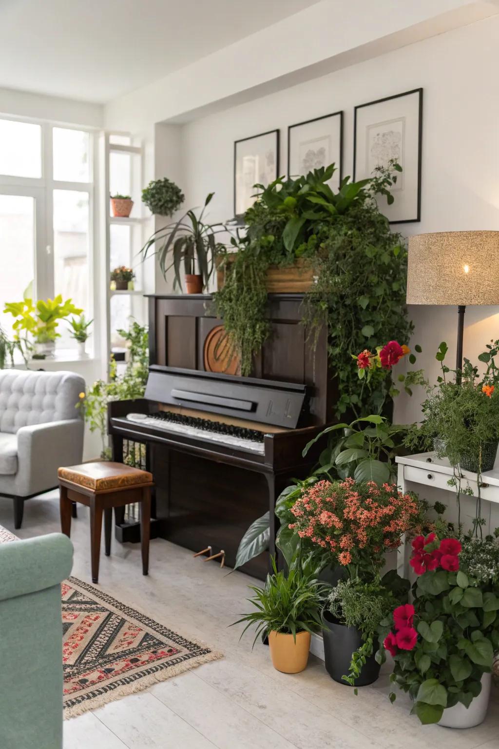 A contemporary living area featuring an upright piano enveloped by verdant potted plants.