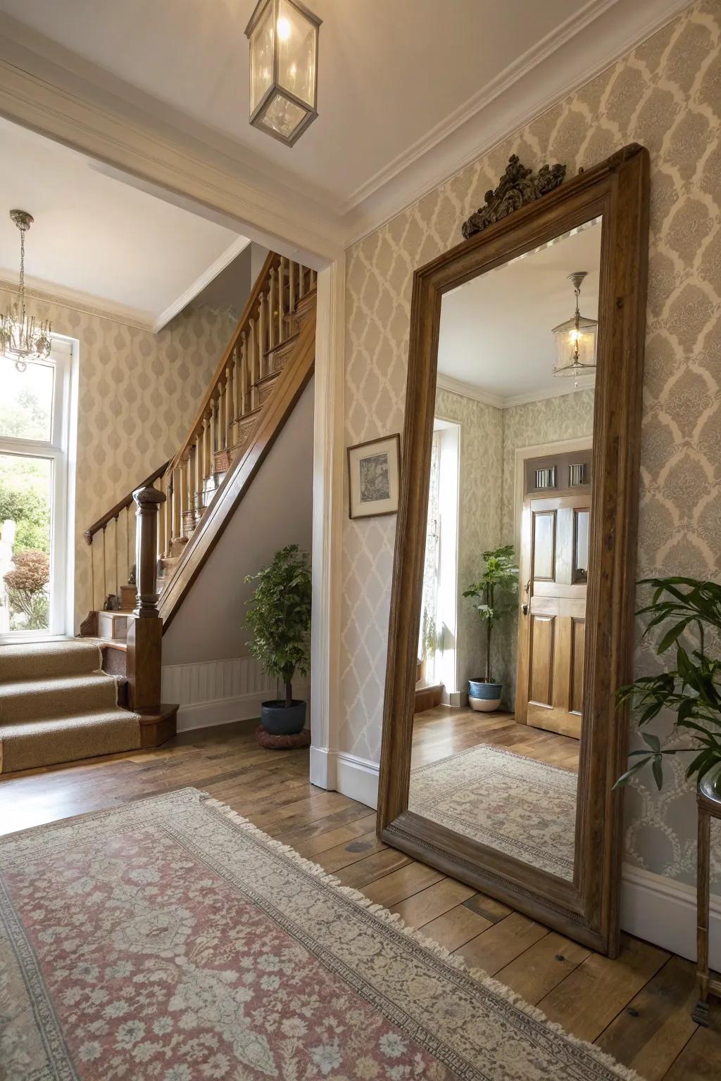 A statement mirror on the top-of-the-stairs area enhances the space's brightness and style.