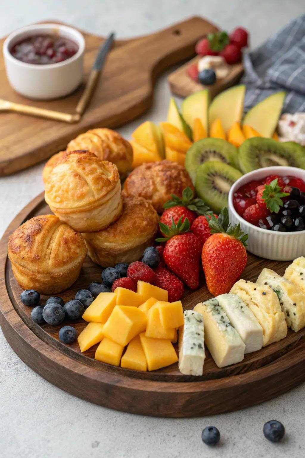 A colorful breakfast board with a variety of sweet and savory treats.