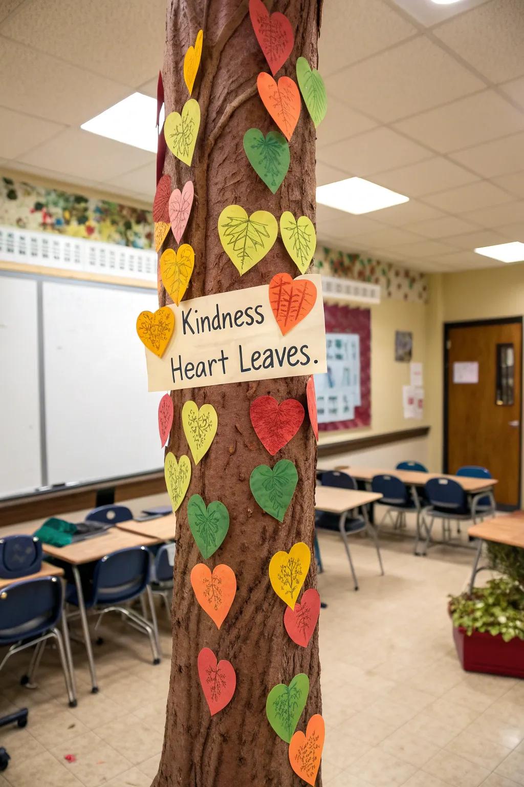 An Empathy Foliage display surface showcasing heart-shaped leaves enumerating acts of empathy.