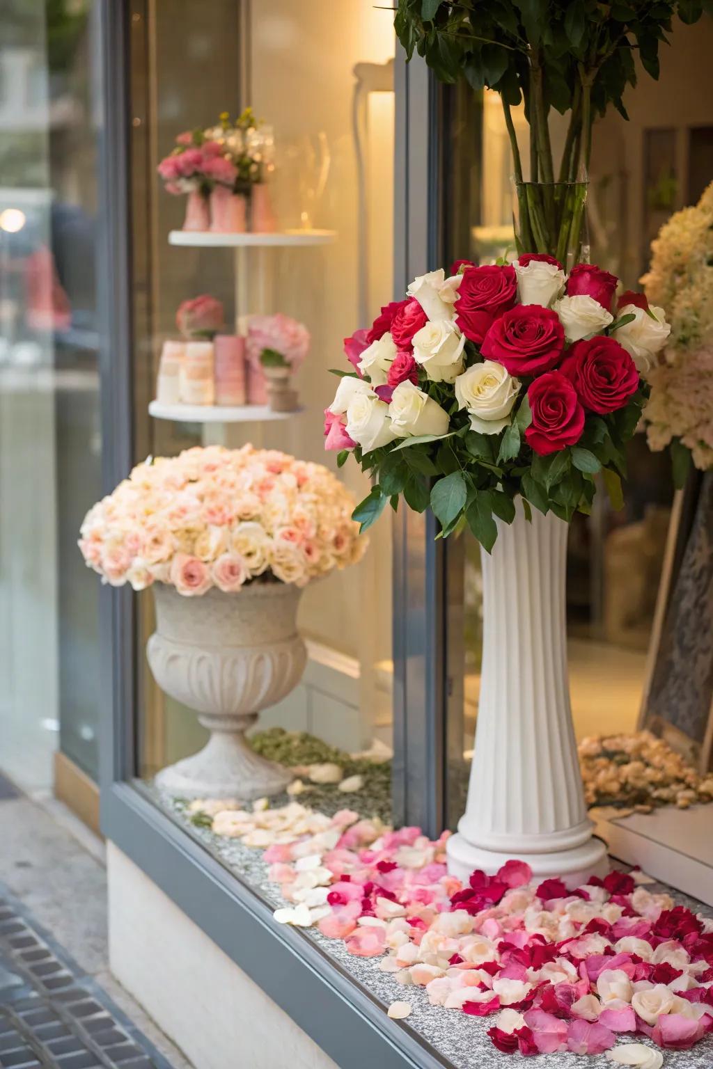 A romantic floral exhibit in a shop display, ideal for celebrating Valentine's Day with elegance and style.