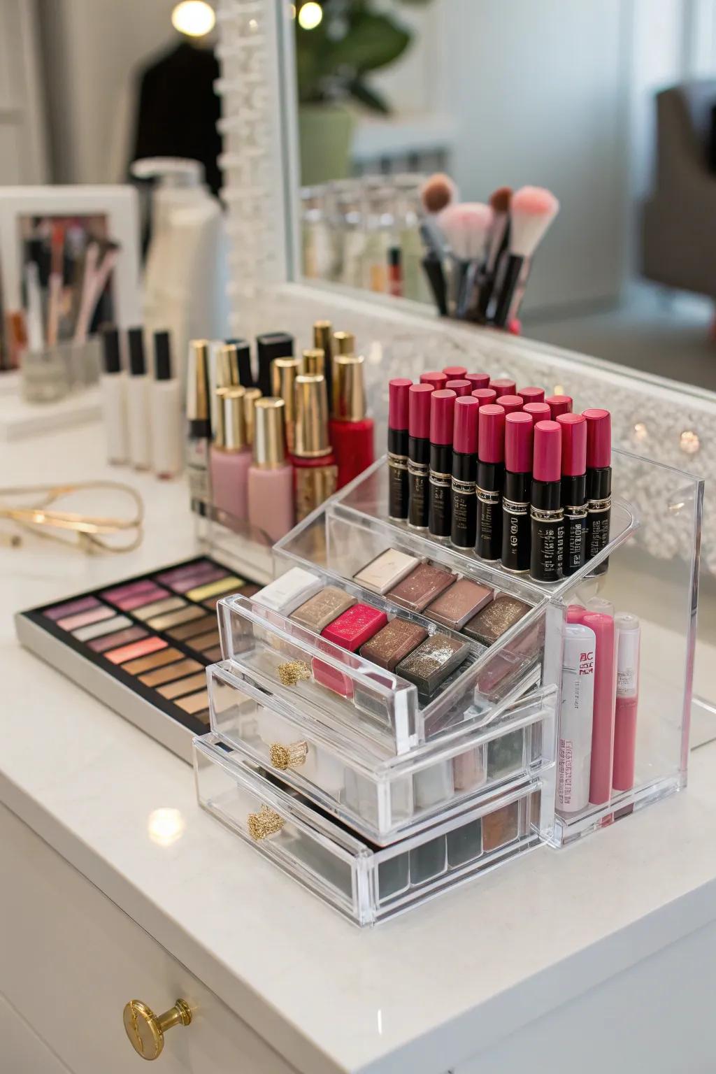 Clear acrylic organizers for a tidy, stylish vanity.