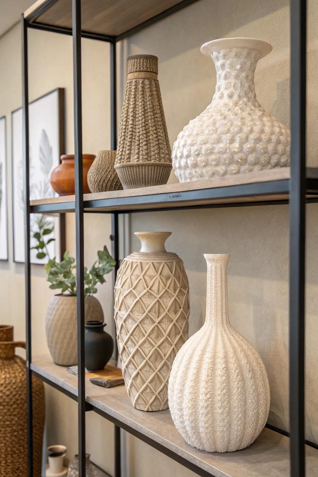 Vases featuring varied textures bring life and interest to a simple shelf arrangement.
