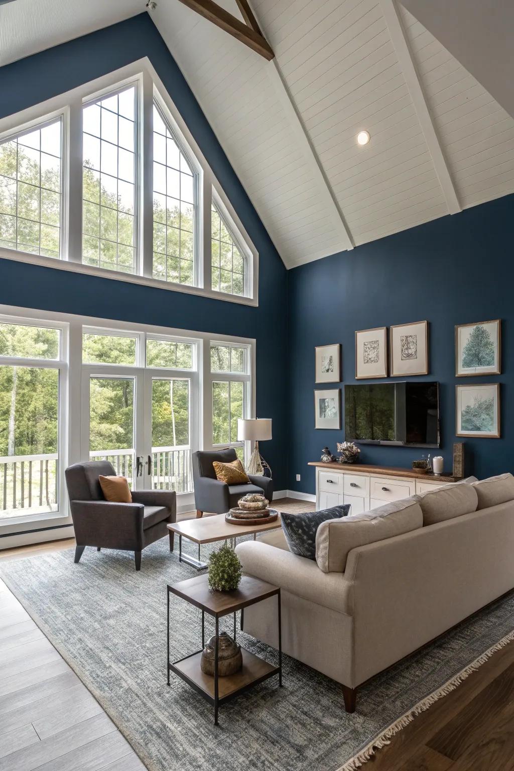 A modern family room featuring a deep blue accent wall and vaulted ceiling