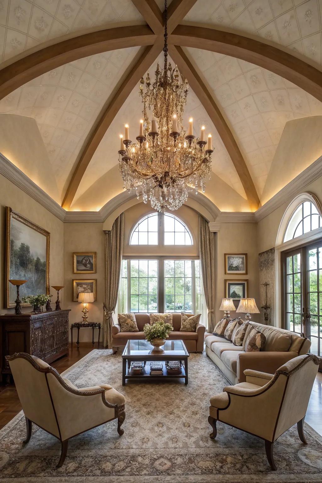 A chandelier crafts a compelling focal point against a vaulted ceiling.