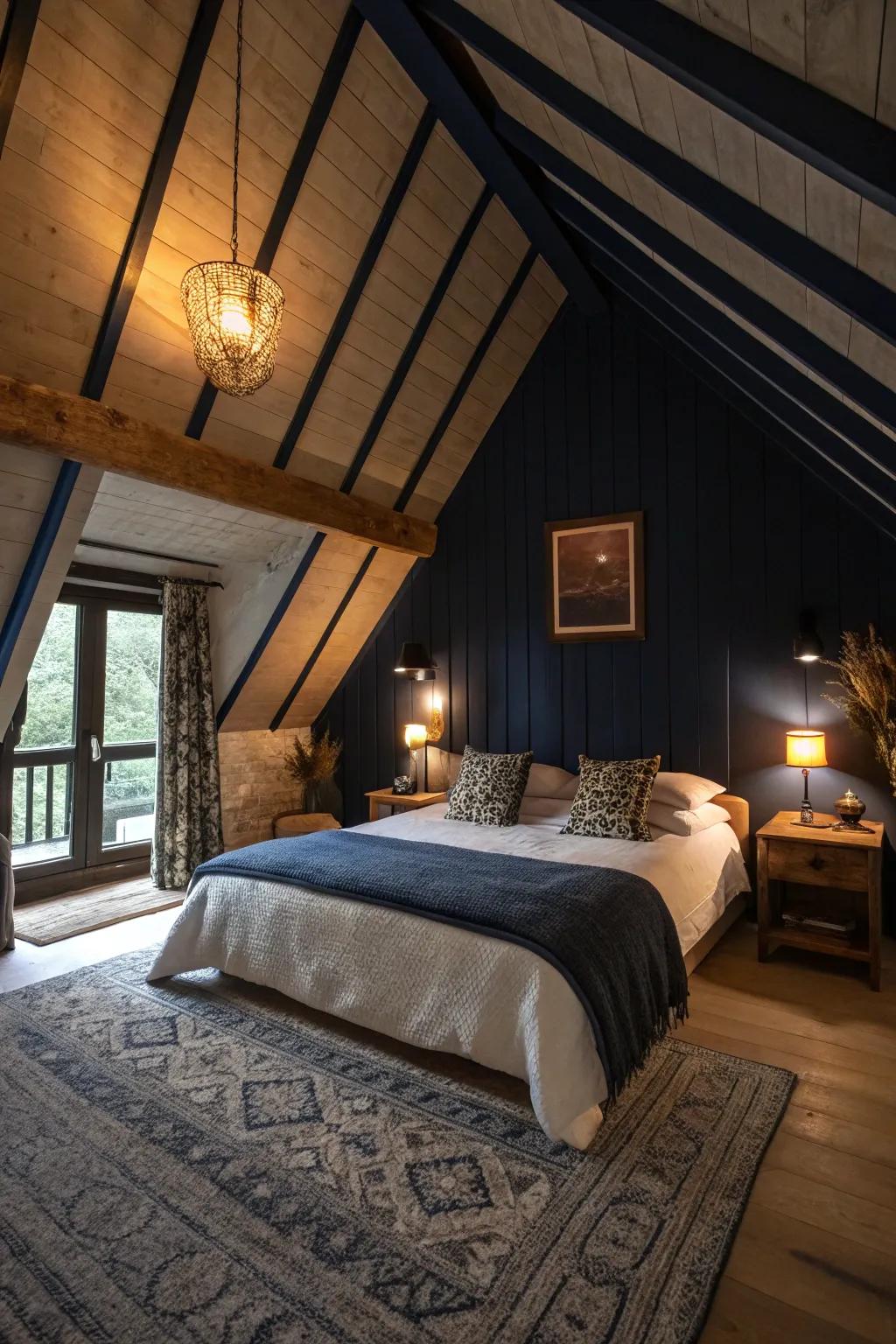 A dark vaulted ceiling enriches a bedroom with drama and a sense of coziness.